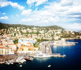 Fototapete Villefranche-sur-Mer, Französische Riviera port of Nice and metiterranean sea at summer day under blue sky with cloud, France, retro toned