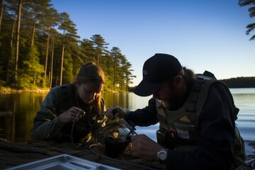 Environmental scientists measure the phosphorus levels in a lake to assess the health of the aquatic ecosystem