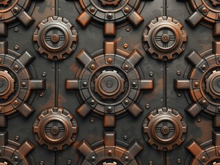 The image is a close up of a metal surface with many gears and bolts. The surface is old and rusted, giving it a vintage and industrial feel. The design of the gears