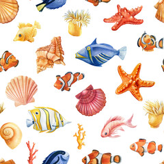 Seamless pattern with fish, seashells and starfish. Marine background. Watercolor illustration for wrapping, sea textile