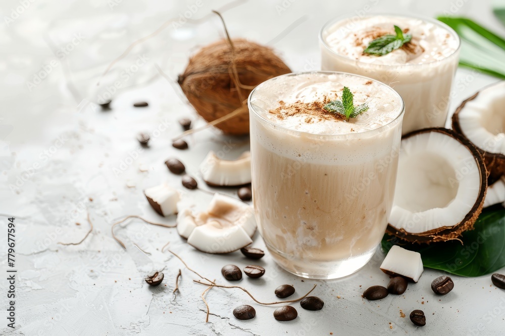 Poster Vegan coconut latte smoothie on marble table with copy space