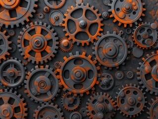 A close up of many gears with a rusty look. The gears are all different sizes and are arranged in a pattern. The image has a vintage and industrial feel to it