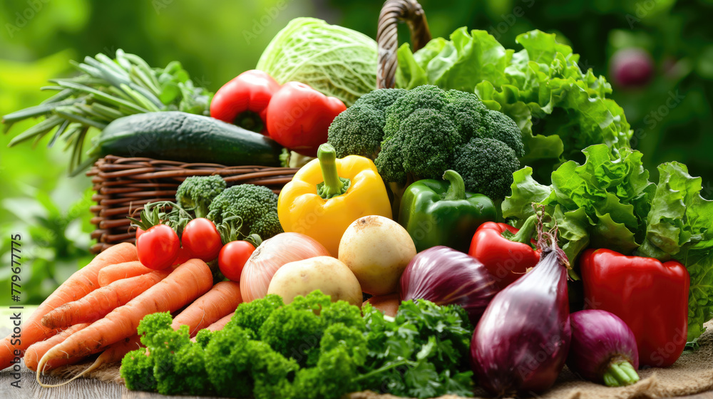 Wall mural Board with fresh organic vegetables, healthy food, vegetarianism.