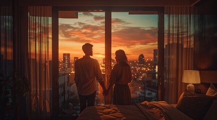 Couples in love watching the city decorated with night lights and the sunset from the bedroom window. - obrazy, fototapety, plakaty