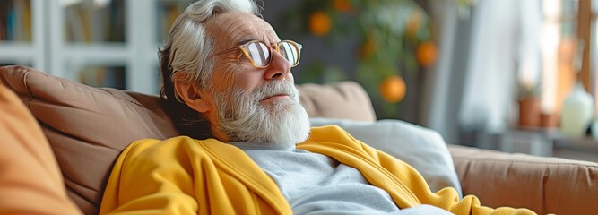 An optimistic and upbeat elderly man sitting on a sofa is seen from the side profile. - obrazy, fototapety, plakaty