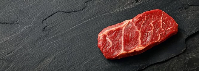 Fotobehang On the butcher table, raw rump beef cut or top sirloin meat steak. dark background © tongpatong
