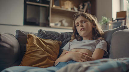 Obraz premium Photograph of young girl in a modern livingroom sofa having a stomach ache. touching stomach with hands