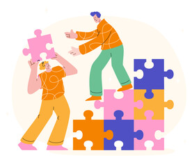 Illustration of a diverse team collaboratively vector assembling large puzzle pieces, symbolizing teamwork, cooperation and problem-solving