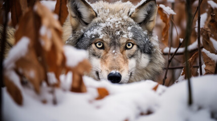 wild peeping wolf in the nature wood forest