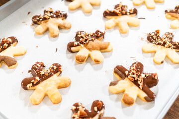 Snowflake-Shaped Sugar Cookies, Chocolate-Dipped, Pecan Crushed Nuts, Holiday Baking