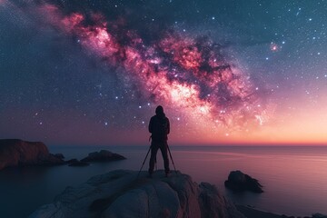 Person standing on rock gazing at stars
