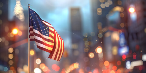 USA Flag Fluttering in Urban Landscape with Blurred Background, American Flag Waving Amidst...