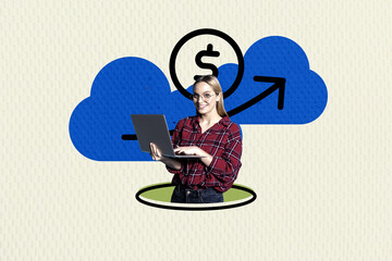 Composite photo collage of happy businesswoman hold macbook arrow trade success dollar emblem...