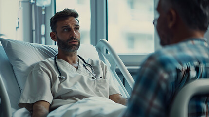 Photograph of attractive man in a high class hospital bed. Doctor talking to patient giving bad sad...