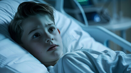 Photograph of young boy in a high class hospital bed. Doctor talking to patient giving bad sad news. Patient sad. Reflecting. Sad eyes