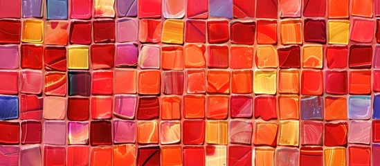 Gordijnen Close up of a vibrant, intricate stained glass mosaic featuring a symmetrical design with orange, brown, and brick hues resembling a textile art on a wall or flooring © AkuAku