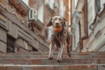 Weimaraner runs with toy in mouth down city stairs Dog goes for walk