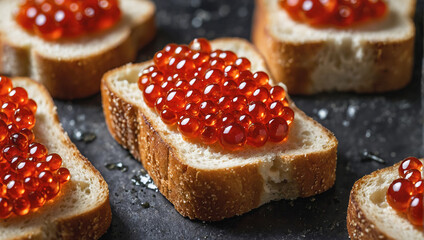 Sandwich, toast with red caviar, close-up on a dark background. - obrazy, fototapety, plakaty