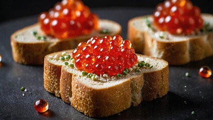 Sandwich, toast with red caviar, close-up on a dark plate. - obrazy, fototapety, plakaty