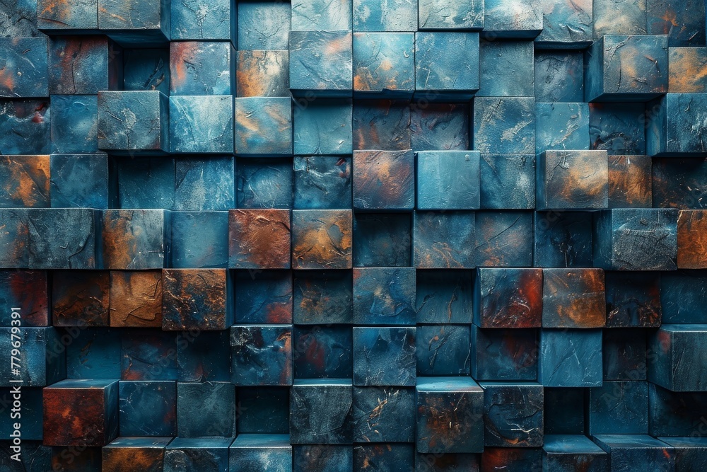 Poster an intricate array of 3d cubes with a rich color palette and textured surfaces light and shadow play