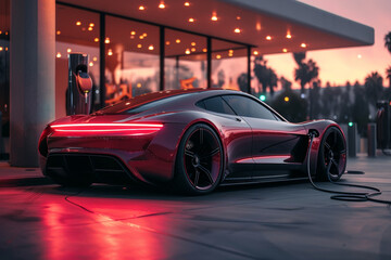 Naklejka premium Red sports car parked at gas station