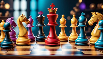 Vivid and colorful chess set mid-game with pieces poised for action on a glossy board, casting reflections and shadows. AI Generation