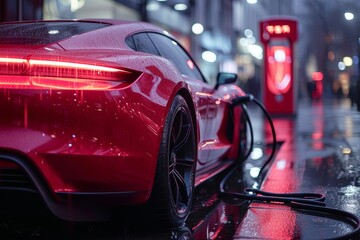 Red sports car charging at electric charger
