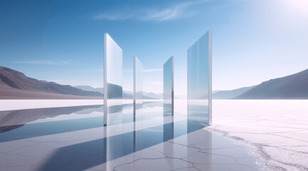 Reflective glass panels rise from a white desert floor. A serene and minimalistic design against a clear sky