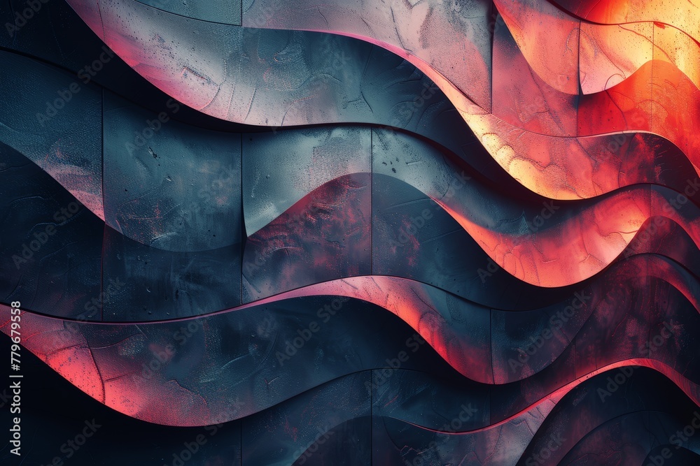 Poster dynamic waves with a blend of red and blue, emphasizing motion and fluidity in an abstract design pe
