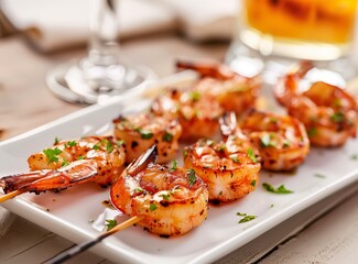 Grilled shrimp skewers. Seafood, shelfish. Shrimps Prawns skewers with spices and fresh herbs on...