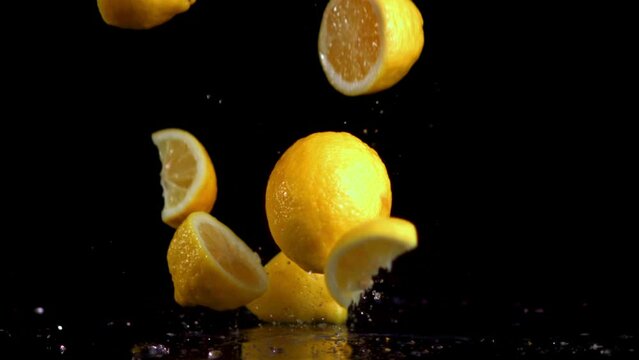 Watch lemons fall slowly into a glass of water in a mesmerizing video on a black background. Capturing the beauty of natural citrus ingredients in a closeup, macro photography style