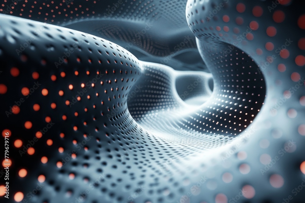 Poster dynamic abstract image of a blue, wavy textured surface with red light patterns creating a sense of 