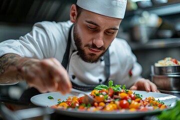 Man in chefs hat preparing food on plate