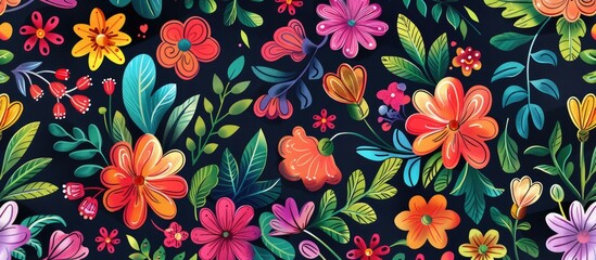 a seamless pattern with colorful flowers and leaves on a dark background . High quality