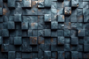 Close-up of a textured surface with aged blue matte square tiles and visible signs of wear and decay