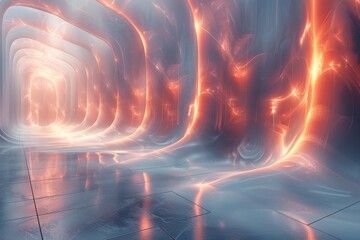 A hypnotic image of a chamber filled with red energy waves that create a sense of dynamic movement in a futuristic setting