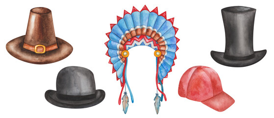 Watercolor set of illustrations. Hand painted headwear. Brown pilgrim hat, golden buckle. Black bowler hat, top hat, gentleman. Red cap. Indian headdress. Bird feathers. Isolated clip art