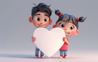 A 3D cartoon character, a boy and a girl, brothers holding a heart-shaped plate