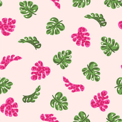 Monstera leaves forming a beautiful pattern giving a tropical funky jungle vibe with pink, green,cream.  Great for homedecor,fabric,wallpaper,giftwrap,stationery,packaging design projects.