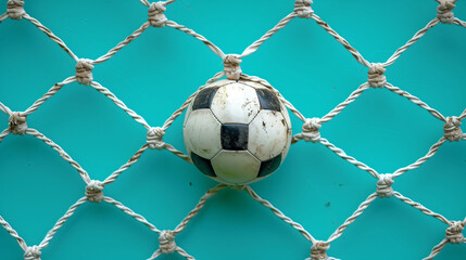 A worn soccer ball lodged in a white goal net against a vibrant turquoise background, depicting a paused moment in a sports game with a focus on the equipment. - 779680198