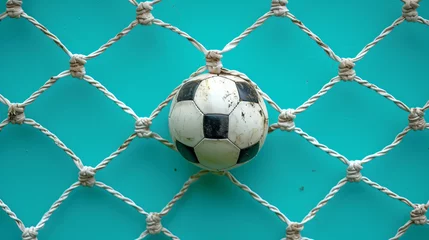 Fotobehang A worn soccer ball lodged in a white goal net against a vibrant turquoise background, depicting a paused moment in a sports game with a focus on the equipment. © amixstudio