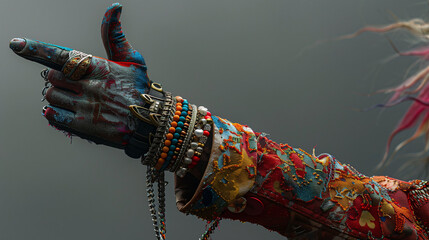 Artistic concept of a hand covered in colorful paint and adorned with various bracelets and rings, pointing to the left, with a blurred background. - obrazy, fototapety, plakaty