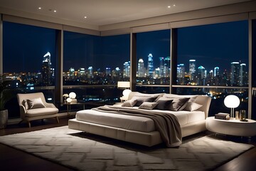 Luxury bedroom interior with night city view. 3D Rendering