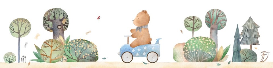 Bear rides in a blue retro car. Watercolor illustration. Children's decor. Landscape with car and flower bushes. - 779680585