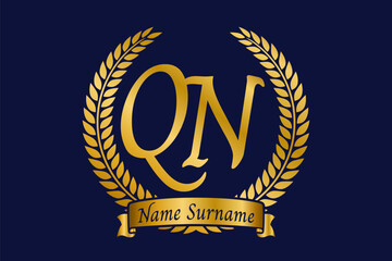 Initial letter Q and N, QN monogram logo design with laurel wreath. Luxury golden calligraphy font.