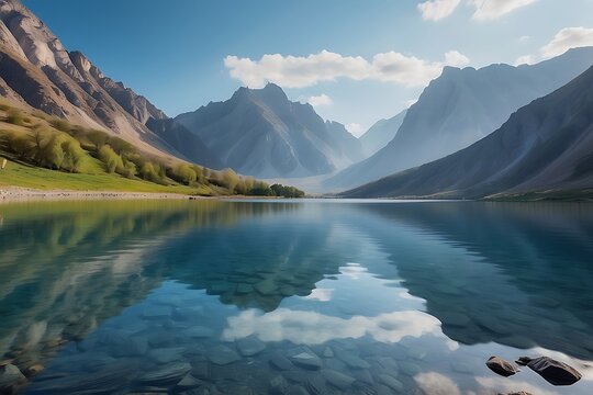 Beautiful landscape with lake and mountains at a calm lake that creates a perfect reflection