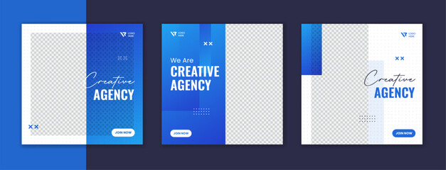 Blue gradient corporate social media post design, sky color business square ads template set with white stroke © VectPalette