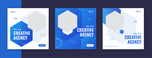 Blue gradient corporate social media post design, sky color business square template set with white hexagon stroke