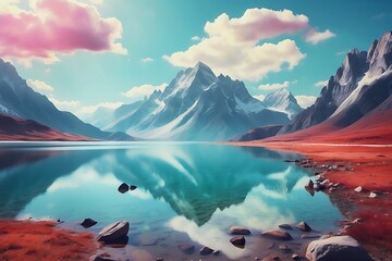 Fototapeta na wymiar Beautiful landscape with lake and mountains. 3d render illustration.
