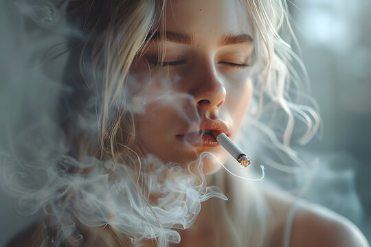 Close up portrait of Young  woman smoking cigarette